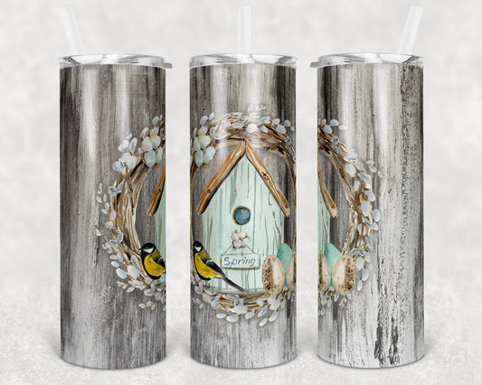 20 oz Skinny Tumbler Spring Bird House Wreath Sublimation Design Print Transfer