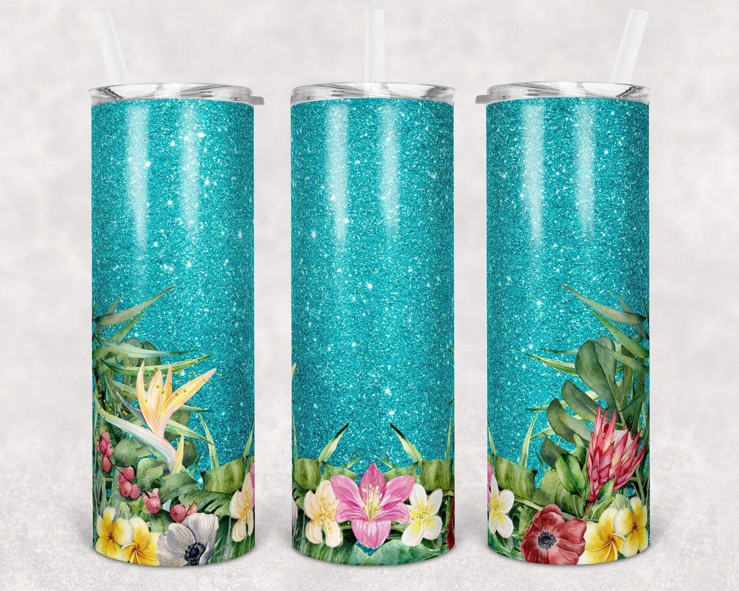20 oz Skinny Tumbler Sublimation Design Template Glitter Teal Tropical Straight and Warped