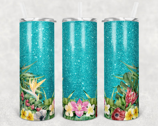 20 oz Skinny Tumbler Sublimation Design Template Glitter Teal Tropical Straight and Warped