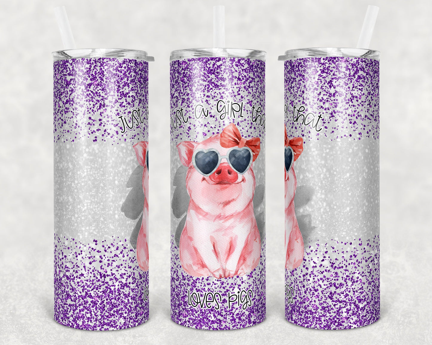 20 oz Skinny Tumbler Sublimation Glitter Just a Girl who Loves Pigs Purple Straight and Warped Design