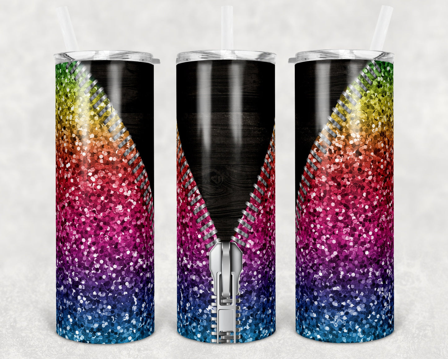20 oz Skinny Tumbler Rainbow Glitter Faux Wood Zipper Sublimation Design Template tumblers