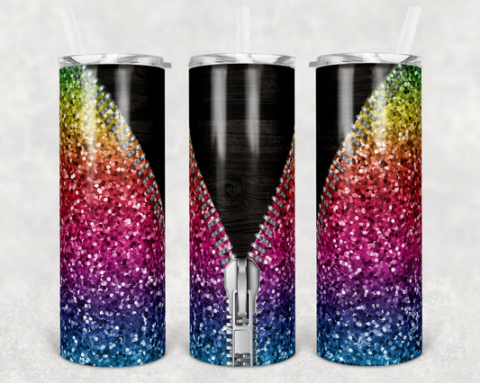 20 oz Skinny Tumbler Rainbow Glitter Faux Wood Zipper Sublimation Design Template tumblers