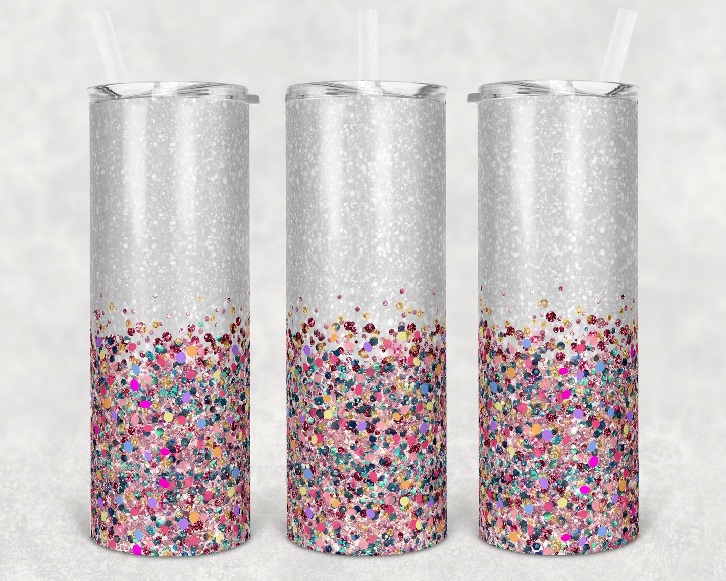 20 oz Skinny Tumbler Sublimation Design Glitter Confetti Multi Color Chunky Straight and Warped Design