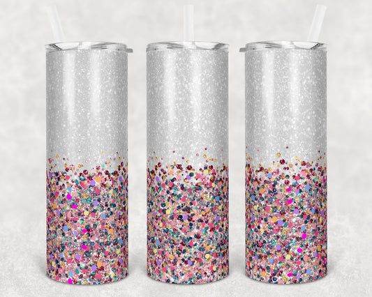 20 oz Skinny Tumbler Sublimation Design Glitter Confetti Multi Color Chunky Straight and Warped Design