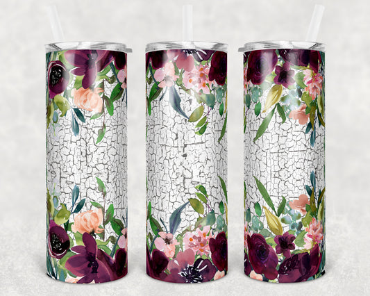 20 oz Skinny Tumbler Crackle and Floral Maroon Sublimation Design Print Transfer