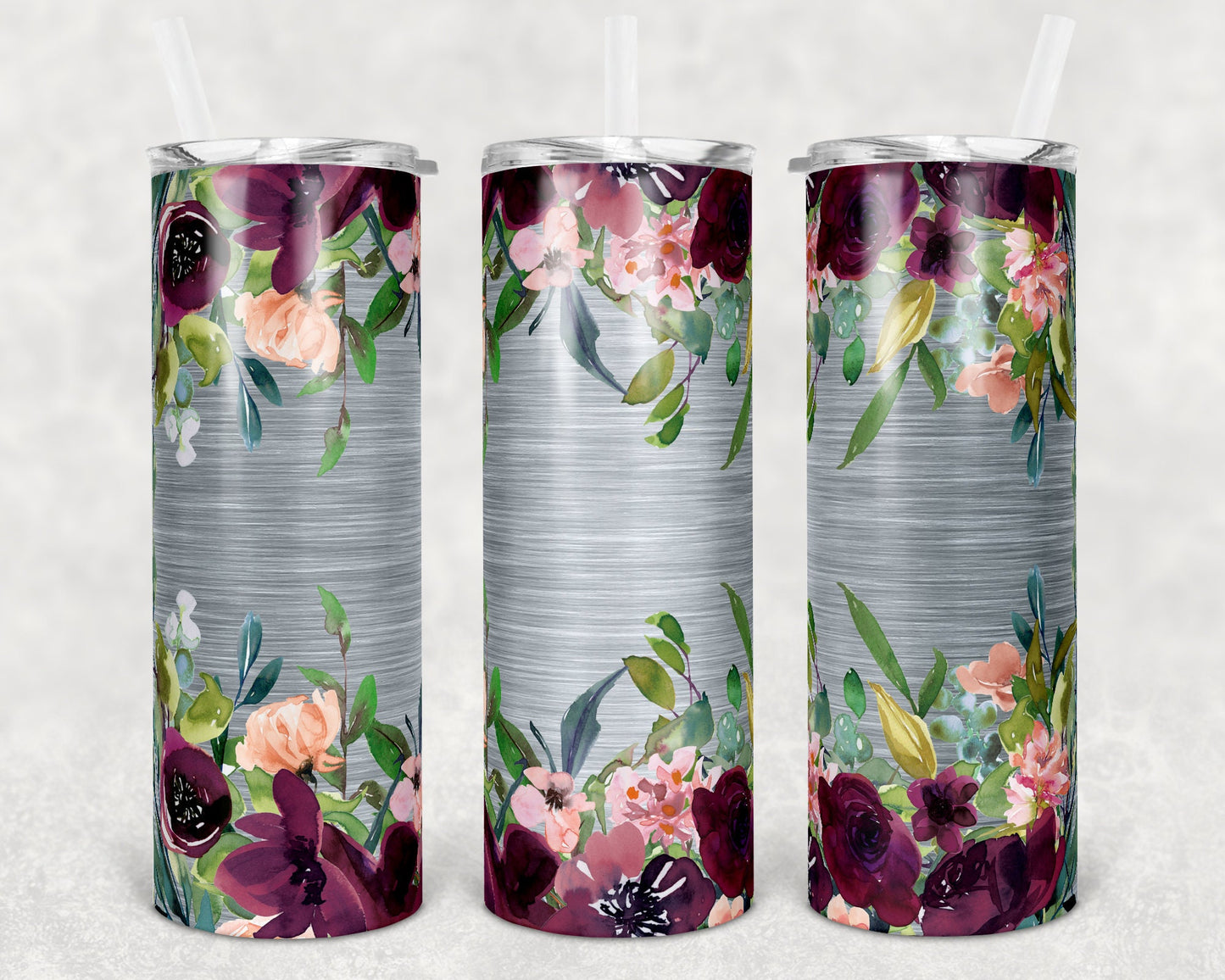 20 oz Skinny Tumbler Brushed Gray and Floral Maroon Sublimation Design Print Transfer