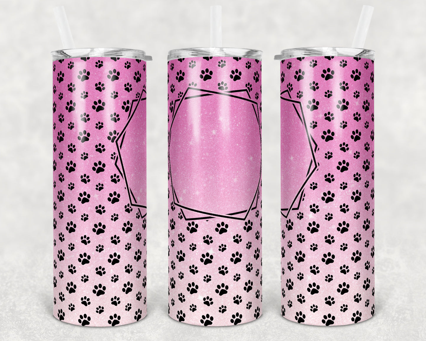 20 oz Skinny Tumbler Sublimation Pink Glitter Paw Dog Frame Add Text Personalize Template Straight Warped