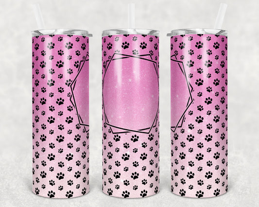 20 oz Skinny Tumbler Sublimation Pink Glitter Paw Dog Frame Add Text Personalize Template Straight Warped