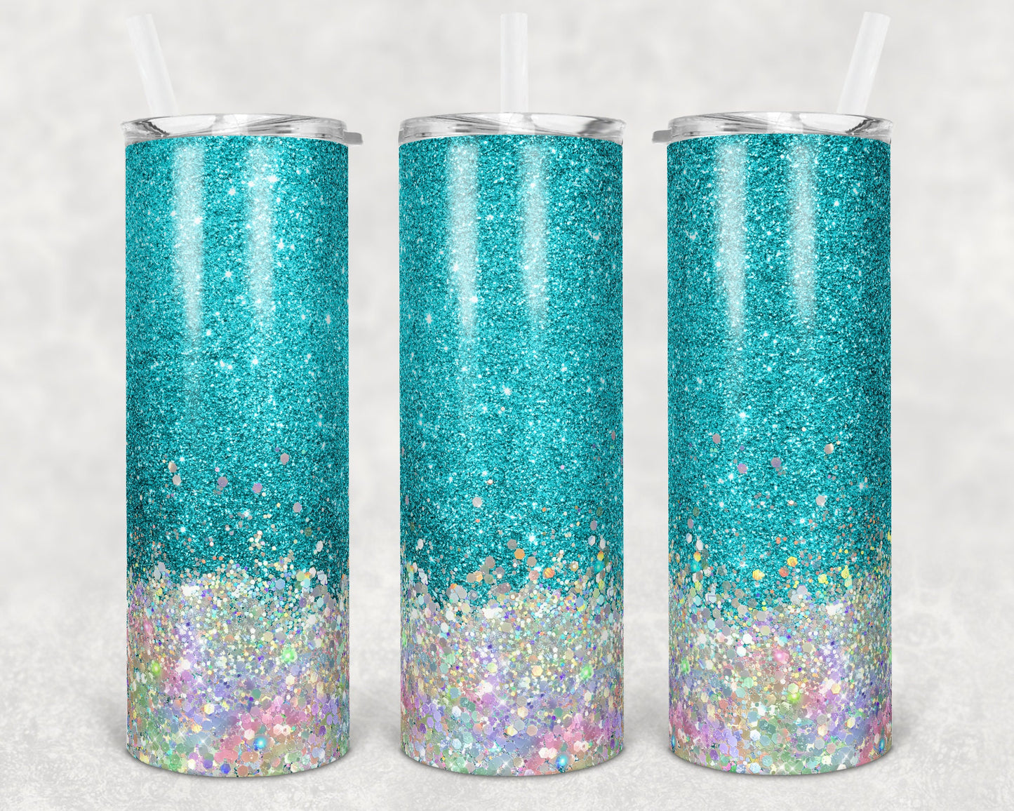 20 oz Skinny Tumbler Sublimation Design Template Glitter Teal Holographic White Straight and Warped Design