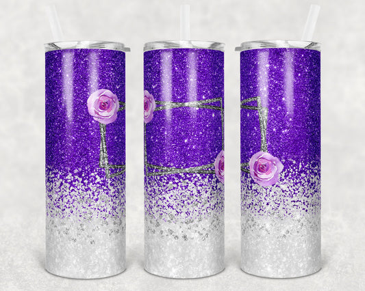 20 oz Skinny Tumbler Sublimation Glitter Purple Floral Flower Frame Personalize Straight and Warped Design