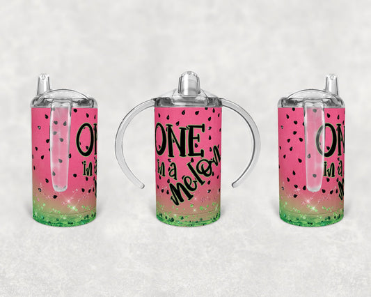 Straight Sippy Cup Sublimation Watermelon One in a Melon glitter Design
