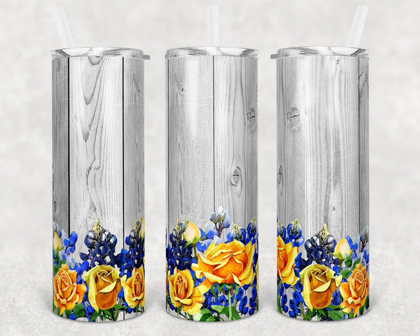 20 oz Skinny Tumbler Floral Blue Bonnet and Yellow Rose Faux Wood Texas Sublimation Design