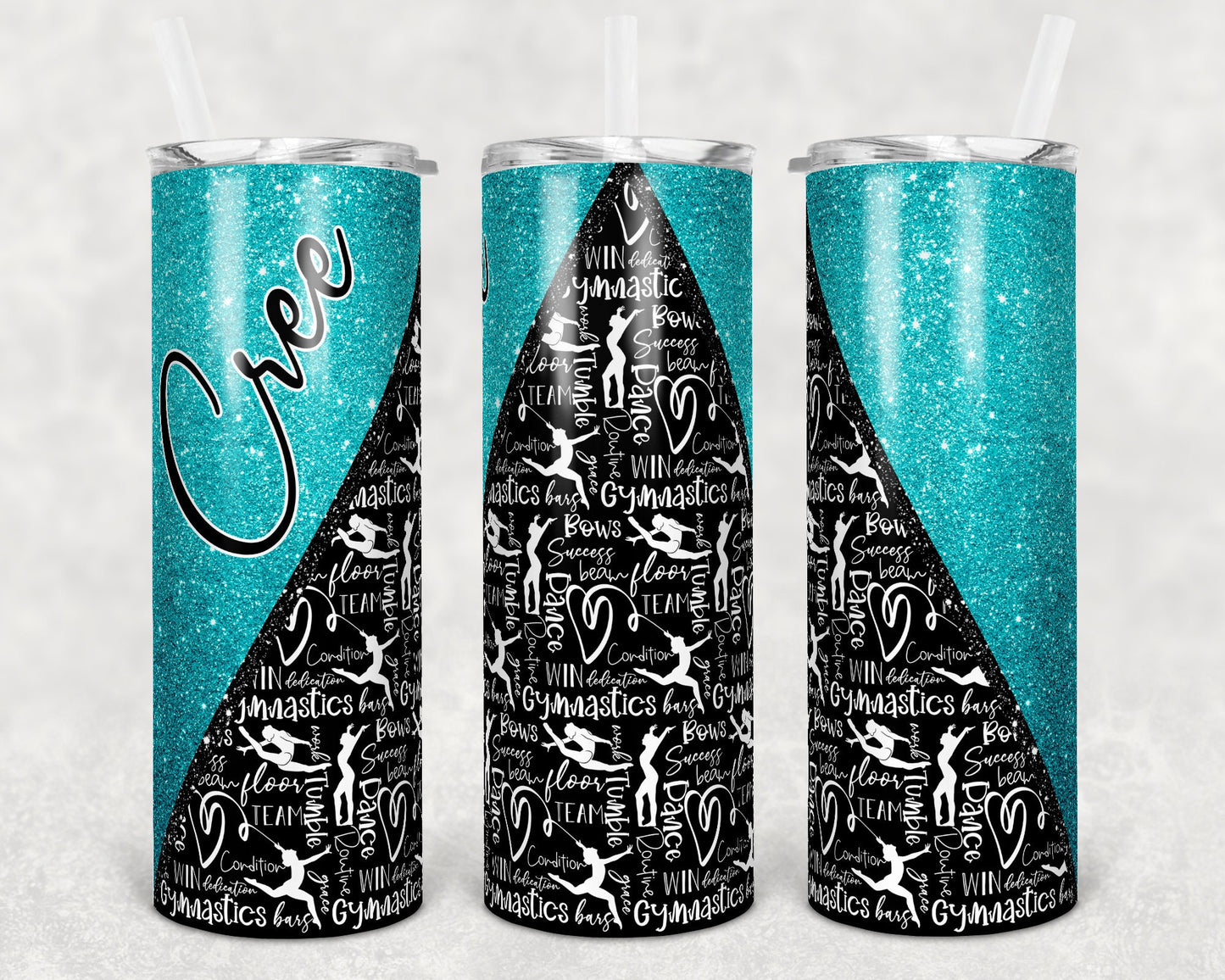 20 oz Skinny Tumbler Sublimation Design Template Gymnastics Glitter V Teal Straight and Warped Design