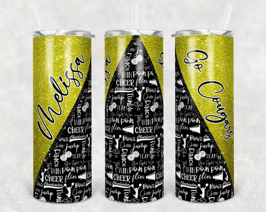 20 oz Skinny Tumbler Cheer Yellow Glitter Cheer Cheerleading Sublimation Design