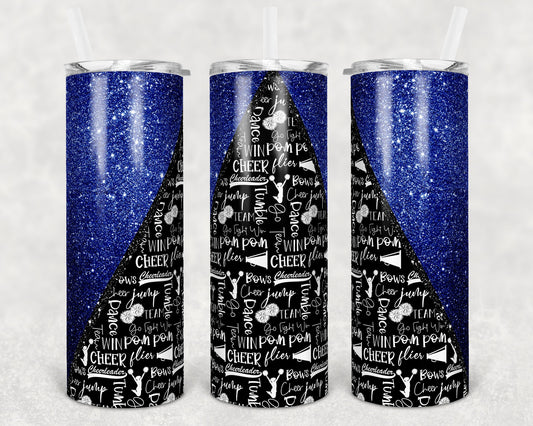 20 oz Skinny Tumbler Cheer Blue Glitter Cheer Cheerleading Sublimation Design