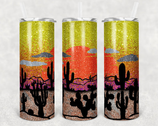 20 oz Skinny Tumbler Sublimation Design Template Glitter Ombre Desert Cactus Sunset Straight and Warped