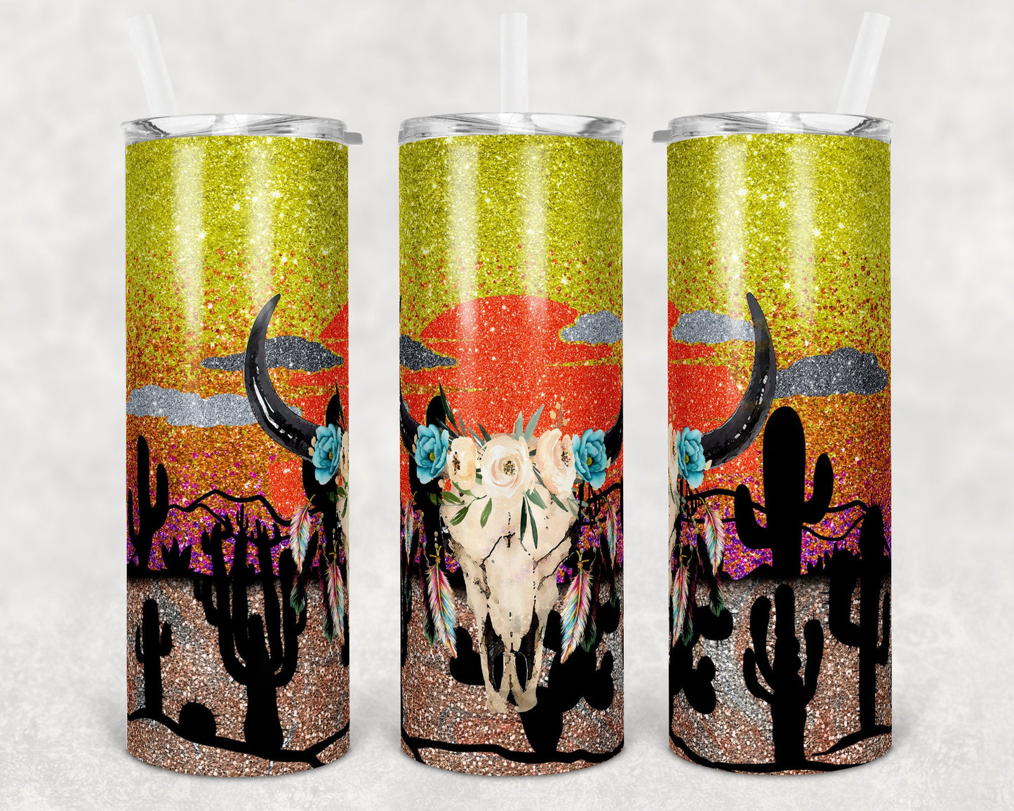 20 oz Skinny Tumbler Sublimation Design Template Glitter Ombre Desert Cow Skull Cactus Sunset Straight and Warped