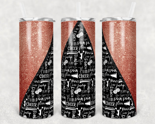 20 oz Skinny Tumbler Cheer Coral Glitter Cheer Cheerleading Sublimation Design