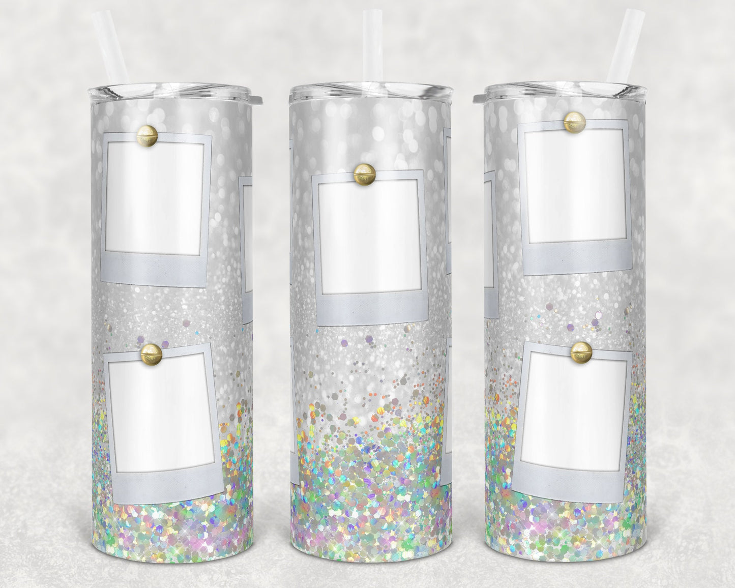 20 oz Skinny Tumbler Blessed Faux Holographic White Glitter 5 Photo Picture Sublimation Design