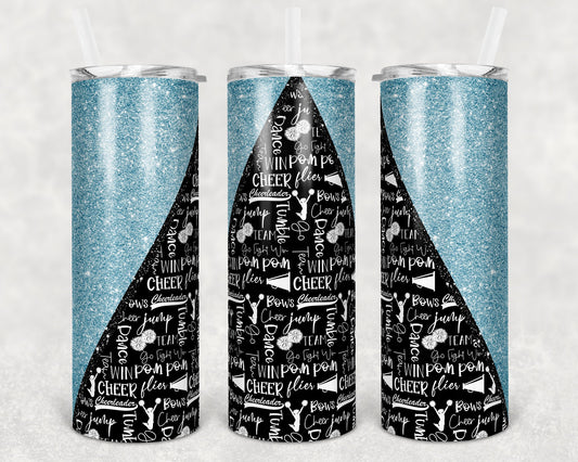 20 oz Skinny Tumbler Cheer Blue Glitter Cheer Cheerleading Sublimation Design Print Transfer