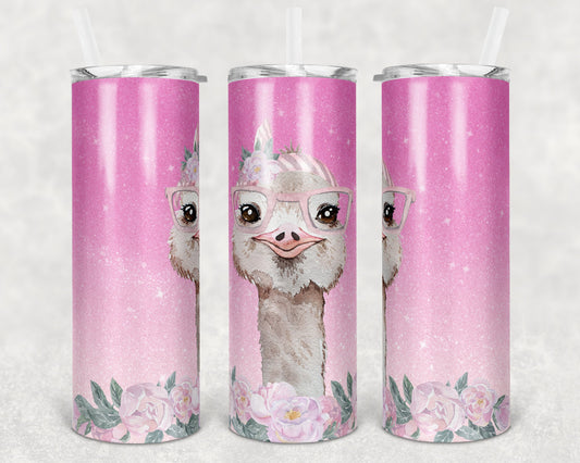 20 oz Skinny Tumbler Sublimation Design Template Ombre Glitter Ostrich Straight and Warped