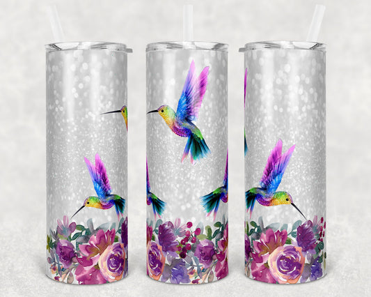 20 oz Skinny Tumbler Sublimation Design Template Faux Glitter Hummingbird Straight and Warped