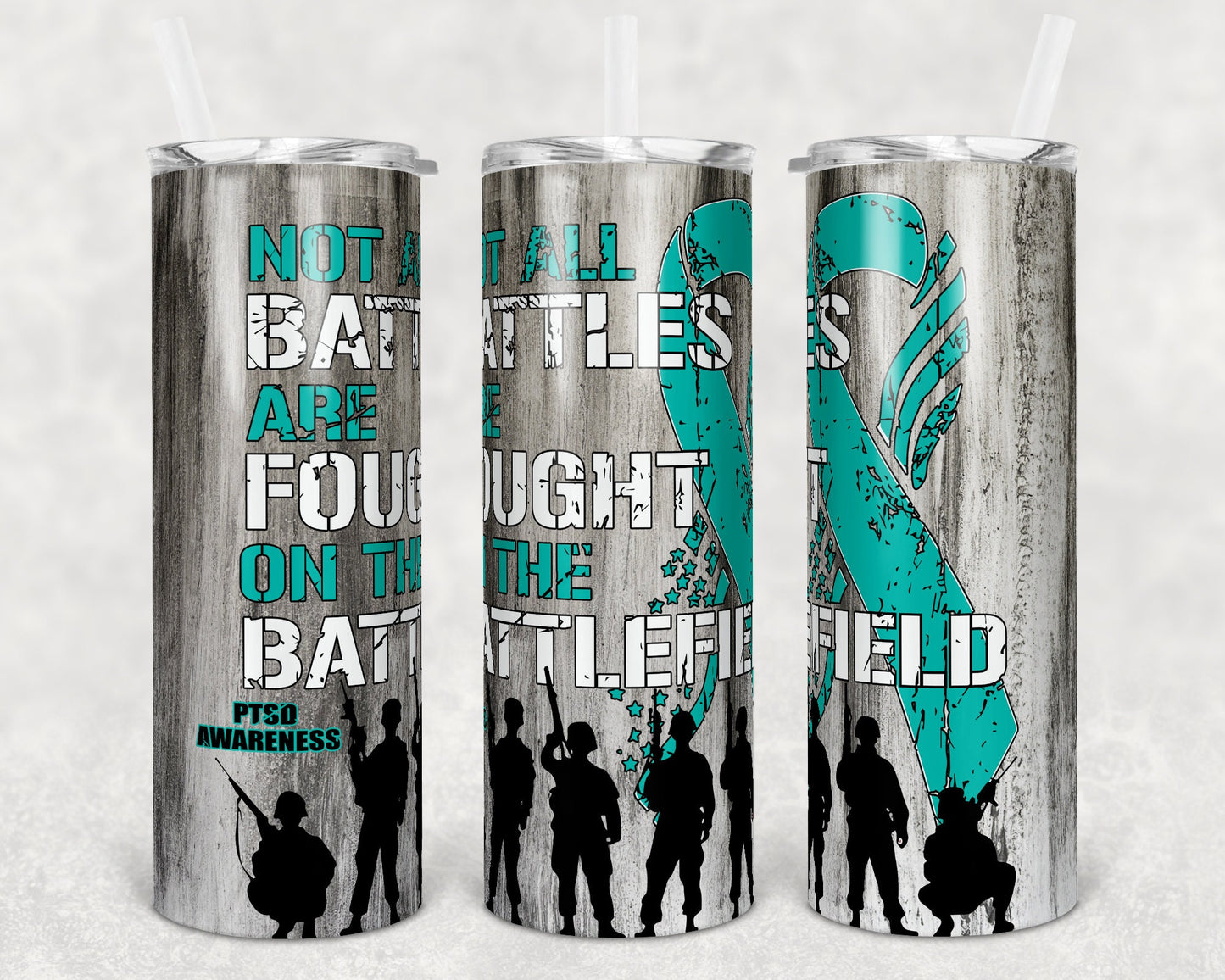 20 oz Skinny Tumbler Patriotic usa PTSD Awareness Veteran Not All Battles Battlefield Sublimation Design