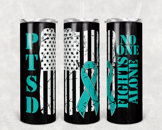 20 oz Skinny Tumbler Patriotic usa PTSD Awareness No One Fights Alone Sublimation Design