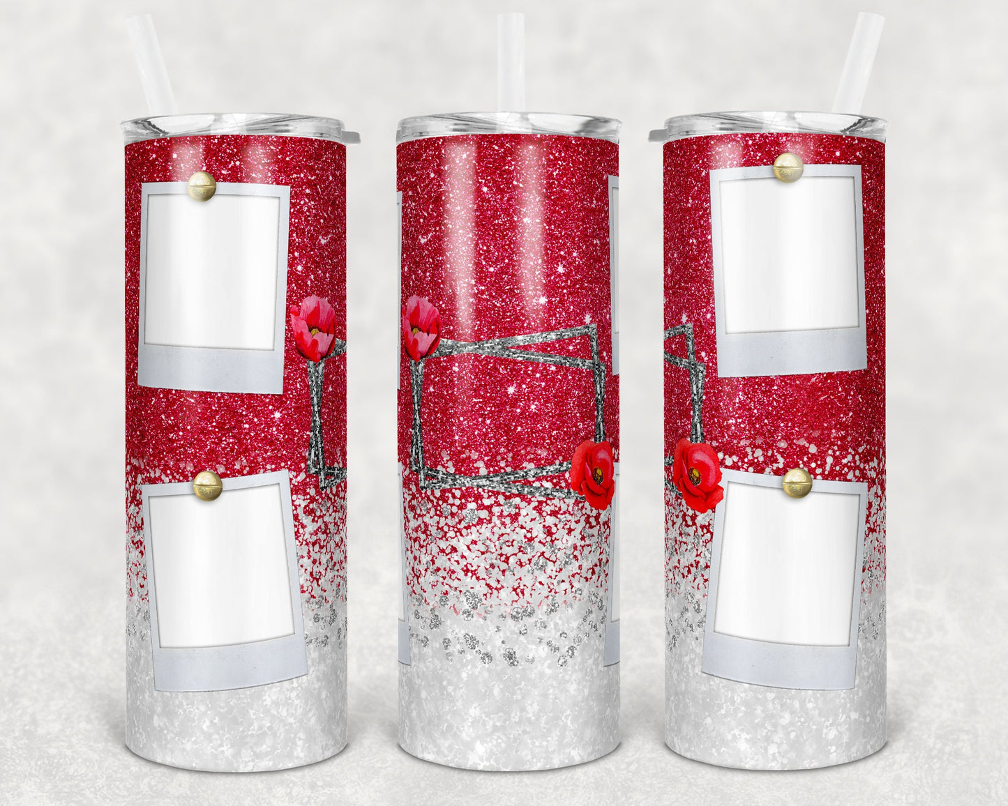 20 oz Skinny Tumbler Blessed Nana Red White Glitter 4 Photo Picture Sublimation Design