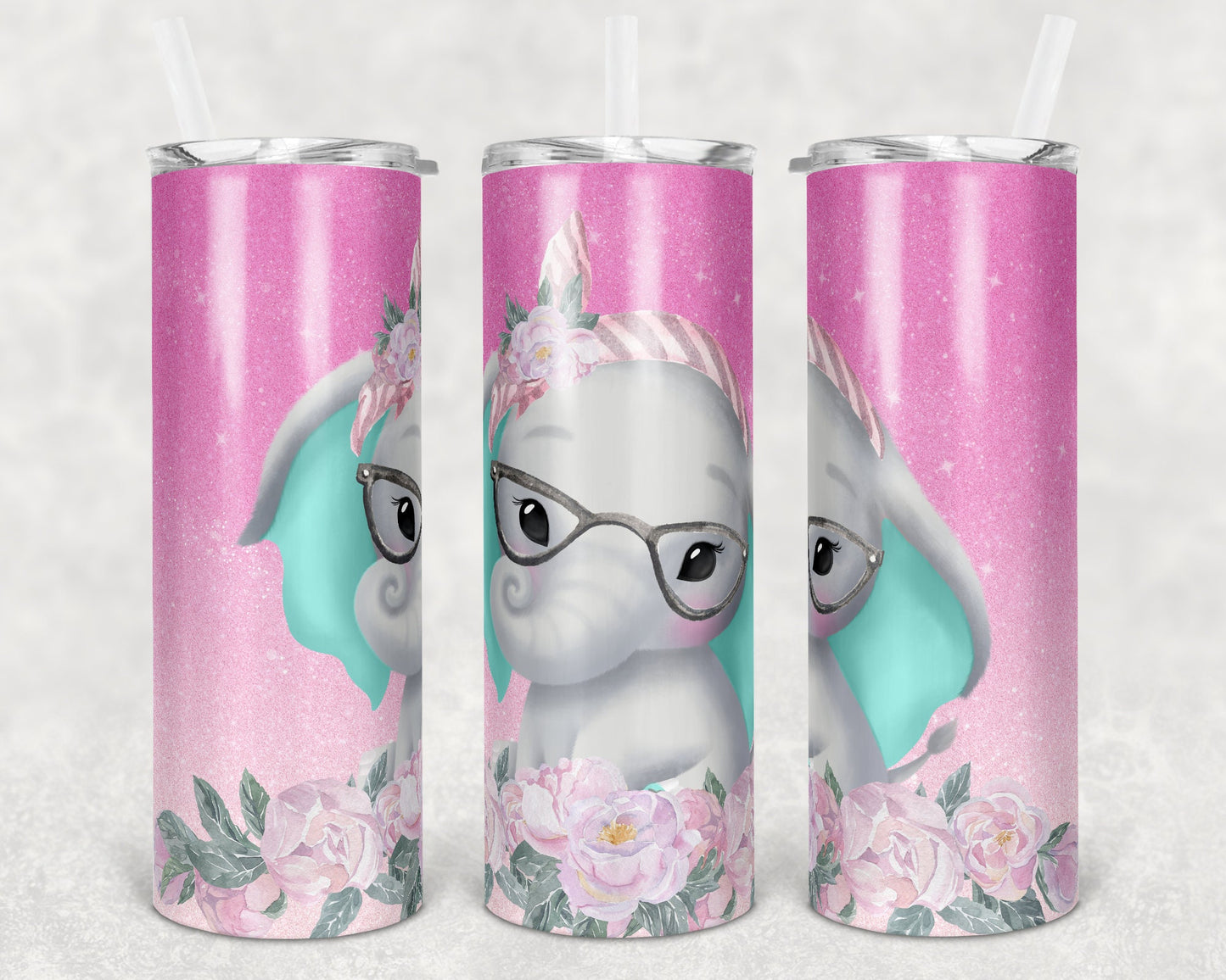 20 oz Skinny Tumbler Sublimation Design Template Ombre Glitter Elephant Straight and Warped