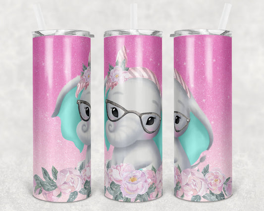 20 oz Skinny Tumbler Sublimation Design Template Ombre Glitter Elephant Straight and Warped