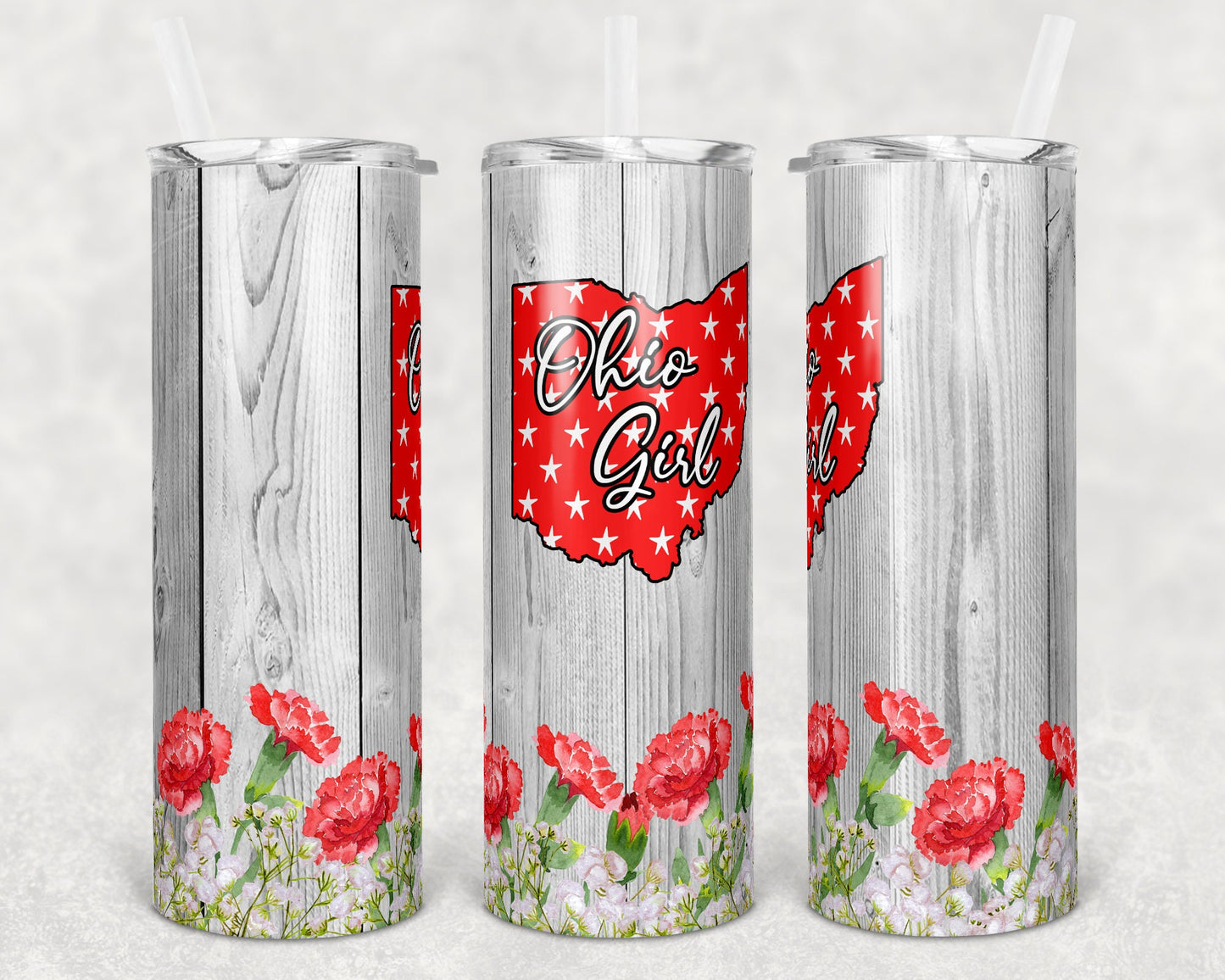 20 oz Skinny Tumbler Floral Red Carnation Ohio girl Faux Wood Sublimation Design