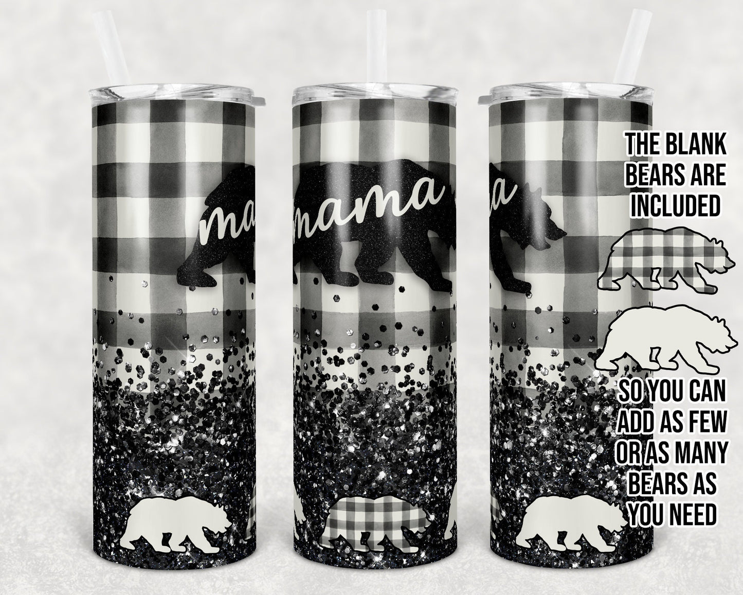 20 oz Skinny Tumbler Sublimation Design Template Mama Bear Add your own Bears Glitter Mothers Day