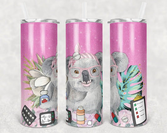 20 oz Skinny Tumbler Sublimation Design Template Ombre Glitter Koala Pharmacy Straight and Warped