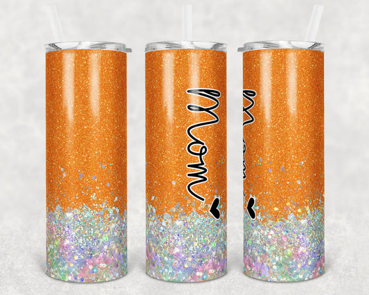 20 oz Skinny Tumbler Sublimation Design Glitter Orange Mom Hollographic add names Straight Warped Design tumblers
