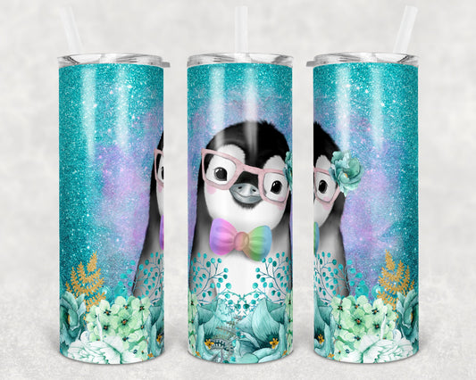 20 oz Skinny Tumbler Sublimation Design Template Cute Teal Glitter Penguin Straight and Warped