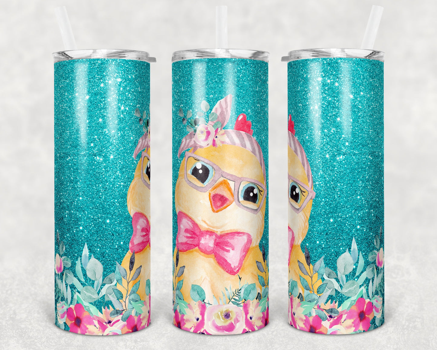 20 oz Skinny Tumbler Sublimation Design Template Cute Teal Glitter Chicken Straight and Warped