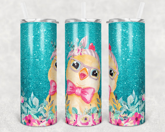 20 oz Skinny Tumbler Sublimation Design Template Cute Teal Glitter Chicken Straight and Warped