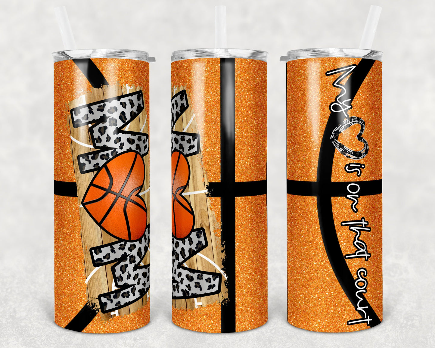 20 oz Skinny Tumbler Basketball Mom Heart on Court Glitter Sublimation Design Template Design