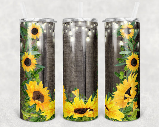 20 oz Skinny Tumbler Wood Sunflower Lights Rustic Sublimation Design Print Transfer