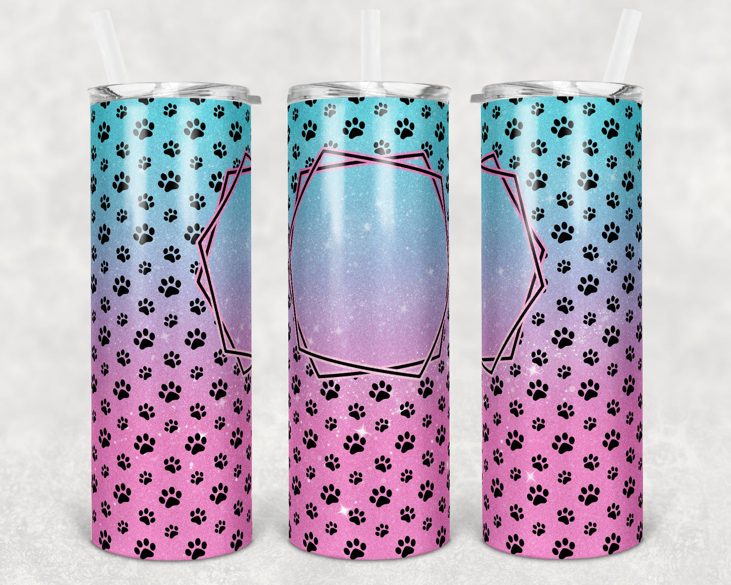 20 oz Skinny Tumbler Sublimation Pink Teal Glitter Paw Dog Cat Frame Add Text Personalize Template Straight Warped