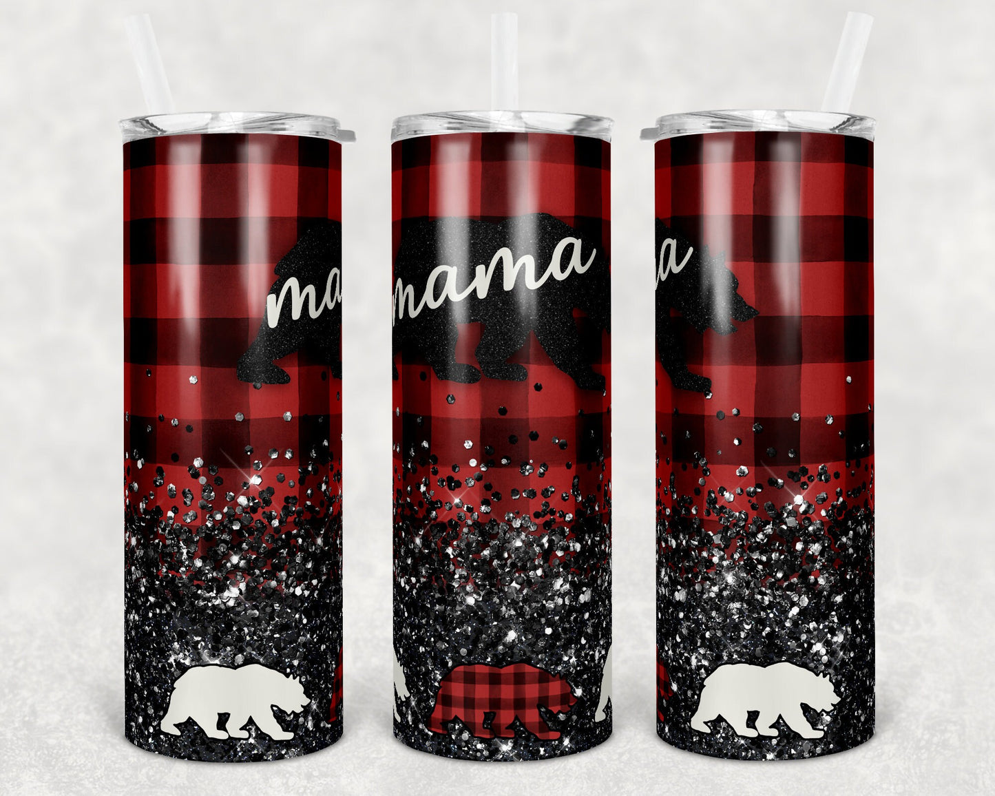 20 oz Skinny Tumbler Sublimation Design Template Plaid Mama Bear Add your own Bears Glitter Mother
