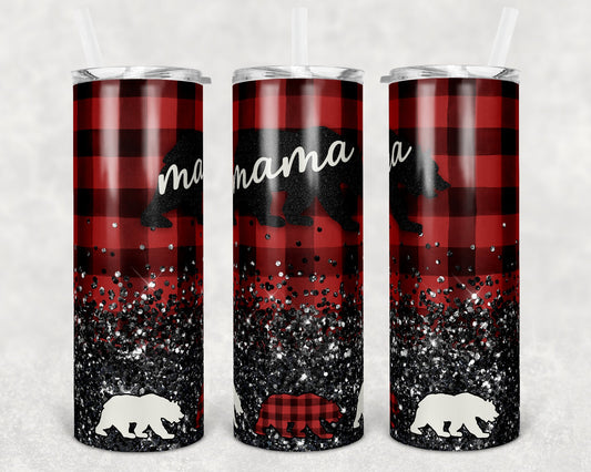 20 oz Skinny Tumbler Sublimation Design Template Plaid Mama Bear Add your own Bears Glitter Mother