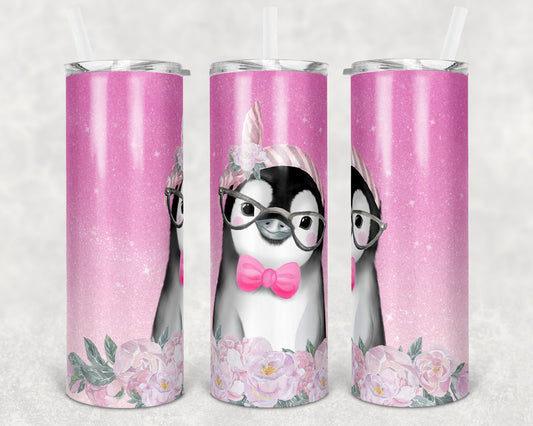 20 oz Skinny Tumbler Sublimation Design Template Cute pink Glitter Penguin Straight and Warped