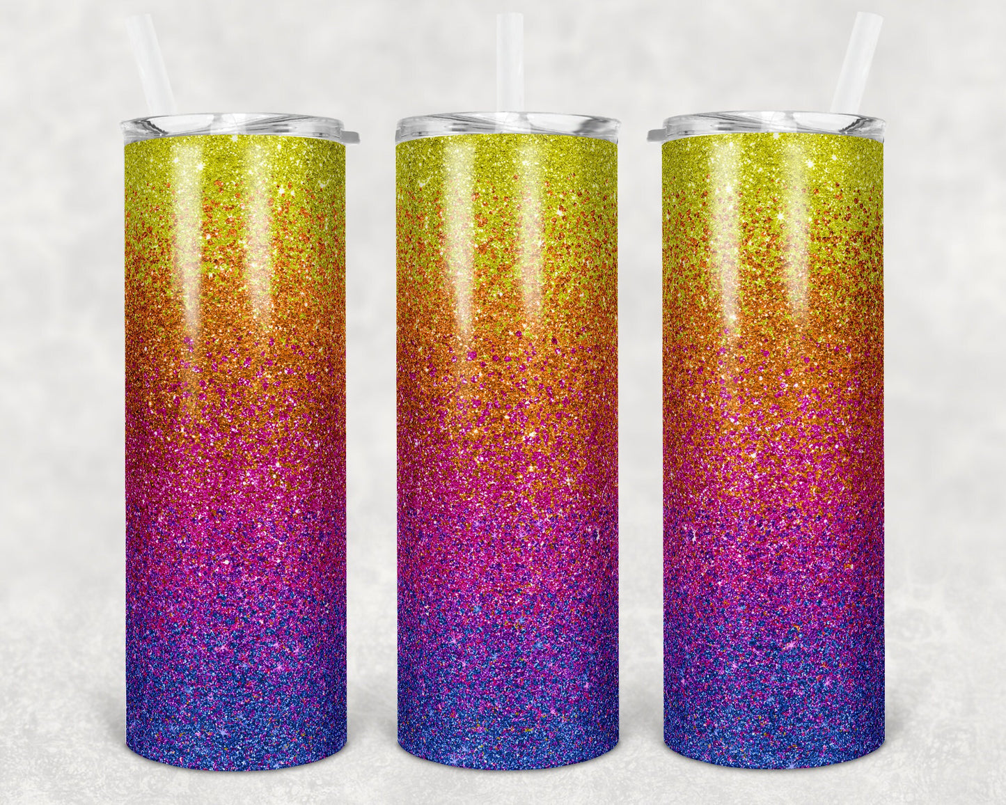 20 oz Skinny Tumbler Sublimation Design Template Glitter Ombre yellow orange pink purple blue Straight Warped Design