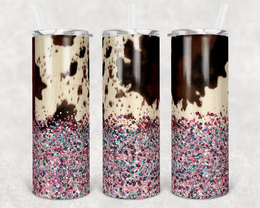 20 oz Skinny Tumbler Design Cow Hide and Confetti Glitter Sublimation Design Print Transfer