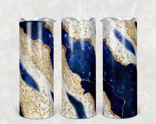 20 oz Skinny Tumbler Sublimation Template Agate Milky Way Blue Champagne Straight and Warped Design