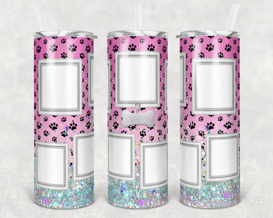 20 oz Skinny Tumbler Dog Picture Frame Pink Holographic Faux Glitter Tumbler photos Sublimation Design