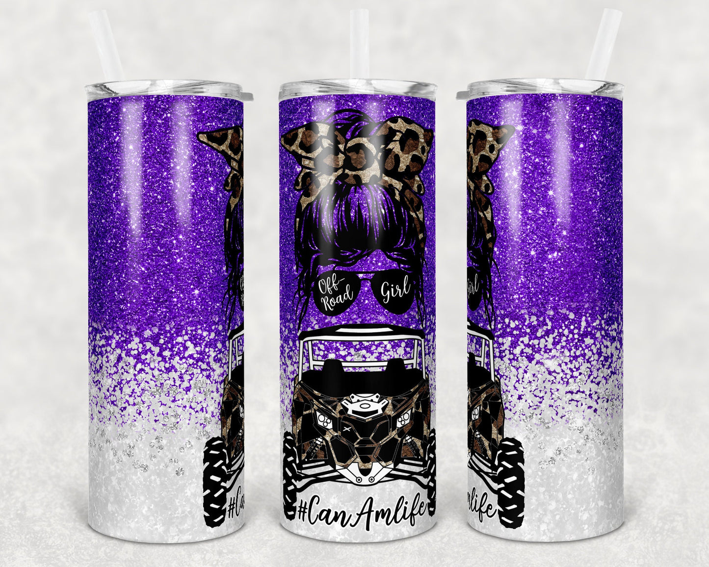 20 oz Skinny Tumbler Sublimation Design Can Am Girl Off road Life Template 16 color Faux Glitter Straight Warped Design
