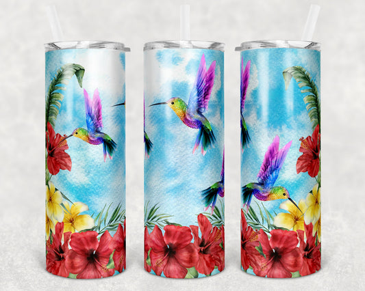 20 oz Skinny Tumbler SEAMLESS Hummingbird and Hibiscus Tropical Sublimation Design